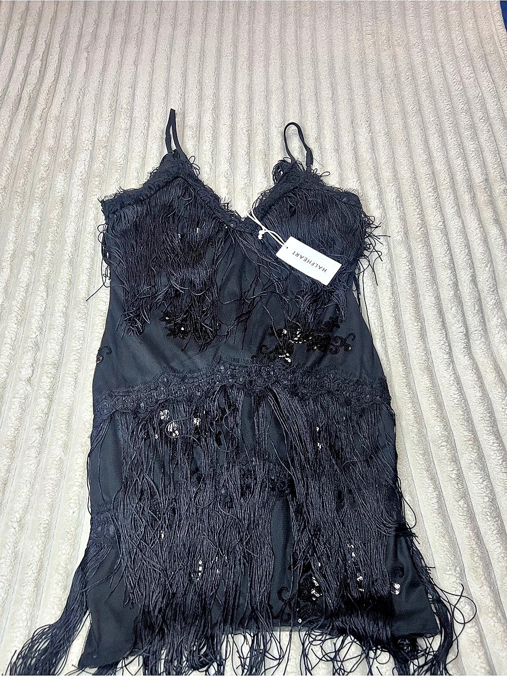 HALFPEARL Fringe Mini Dress in Black Size Small NWT